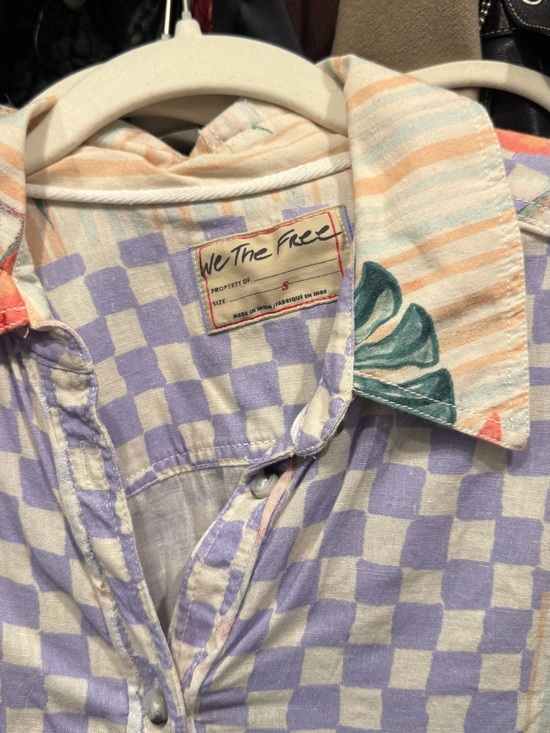 We The Free Tops - We The Free Purple and Cream Checkerboard Button-Up with Striped Floral Collar
